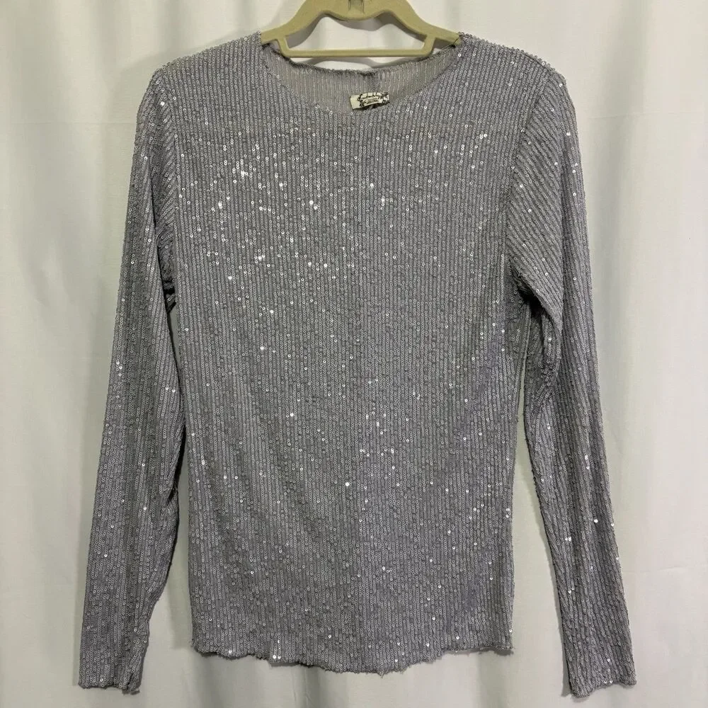 Intimately Free People Womens Gold Rush Sequins Long Sleeve Glam Top M Lavender